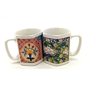 Vintage Pair Of Hexagon Shaped Imari Colorful Floral  Coffee Mugs